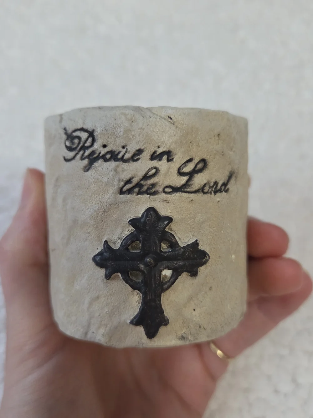Religious Cross Candle Decor Beige Rejoice In The Lord